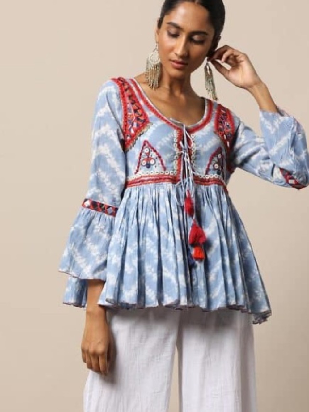 RAGA Light Blue Peasant Top with Red Embroidered Trim